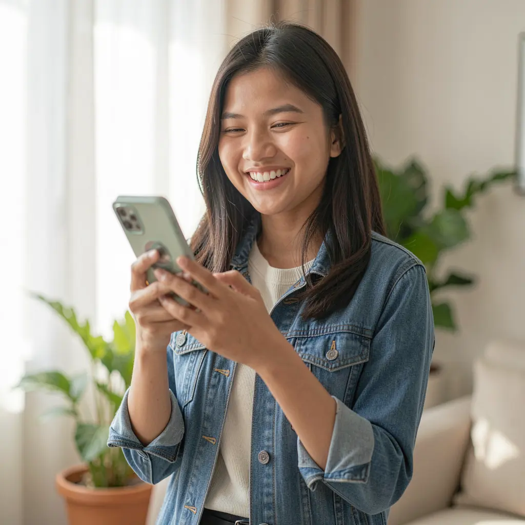 Young Filipino woman smiling while using the 9D9D casino app on her smartphone in a bright indoor setting
