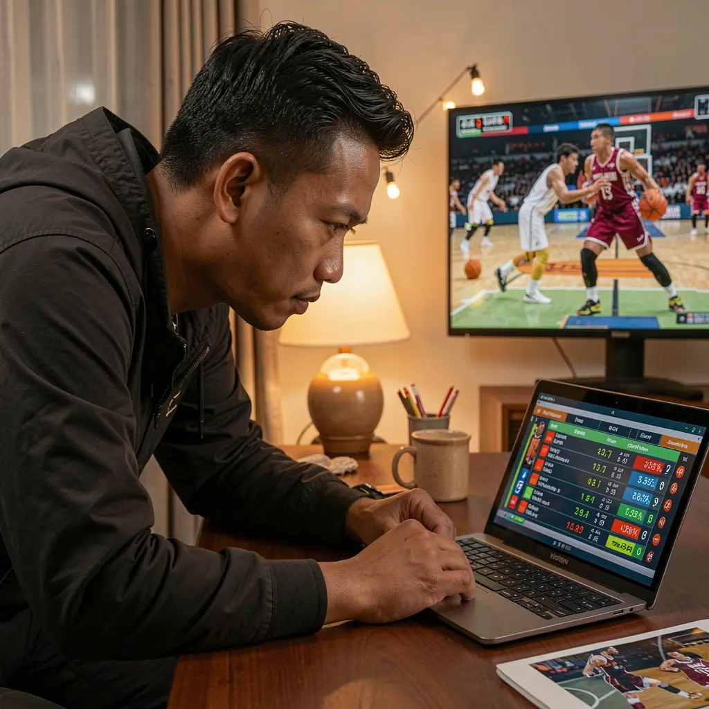 9D9D Bet – Stay ahead with real time sports betting odds in the Philippines Dedicated Filipino bettor analyzing live basketball odds on a laptop with 9D9D while watching a TV screen showing game highlights