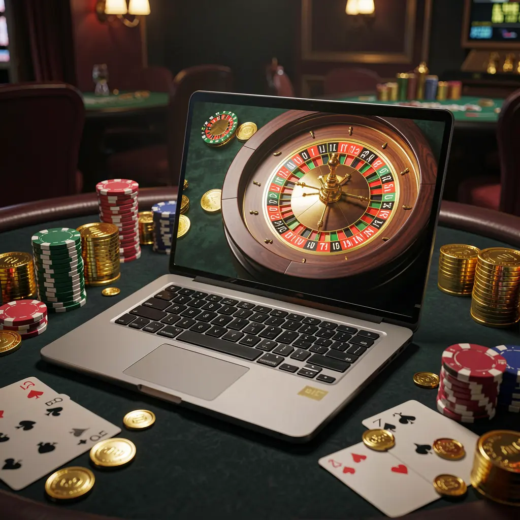 Stylish online roulette game on a laptop surrounded by casino chips and cards representing high quality online casino entertainment at 9D9D for players in the Philippines