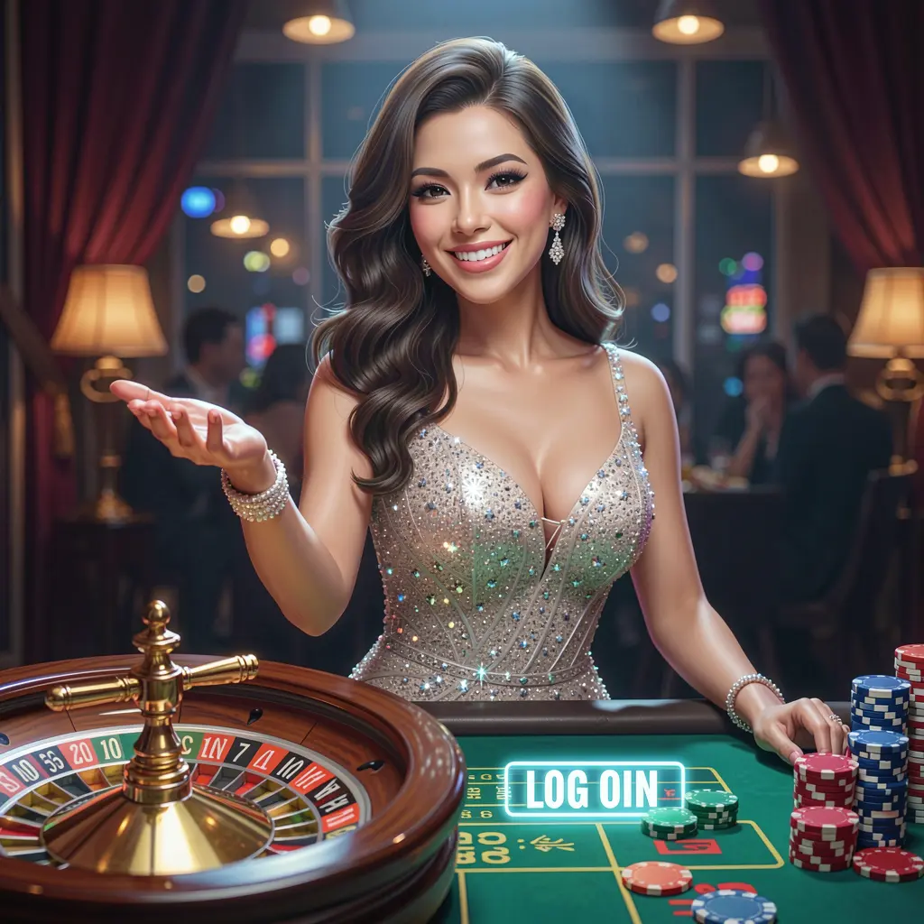 Smiling casino hostess reaching out toward the viewer with floating chips and a roulette wheel symbolizing trusted access to the 9D9D platform in the Philippines
